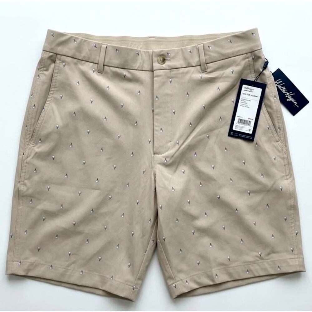 NWT Walter Hagen Men’s 34 P11 E-Waist Golf Shorts Retro Golf Ball Khaki $75